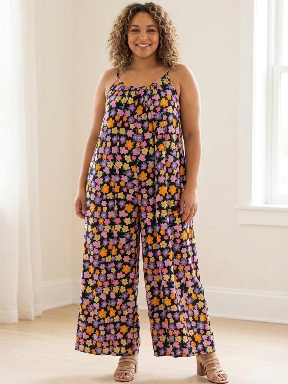 🌼EUC SHEIN "All Over Happy🙂Floral🌼 Wide Leg Jumpsuit w/Pockets🤗" Black🖤 Sz 2XL